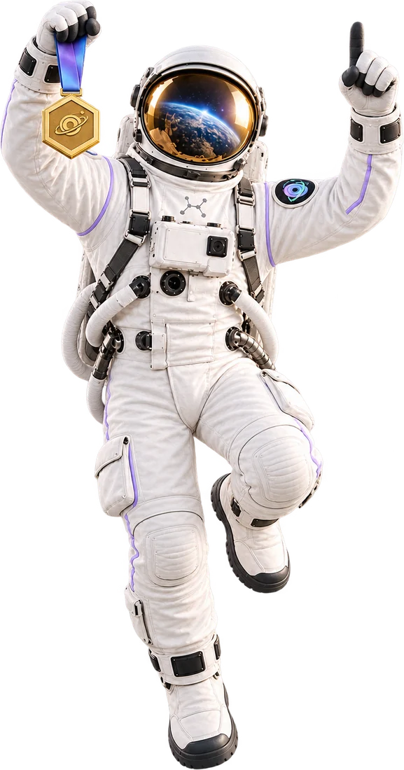 Der Astronaut hält eine Rangmedaille hoch
