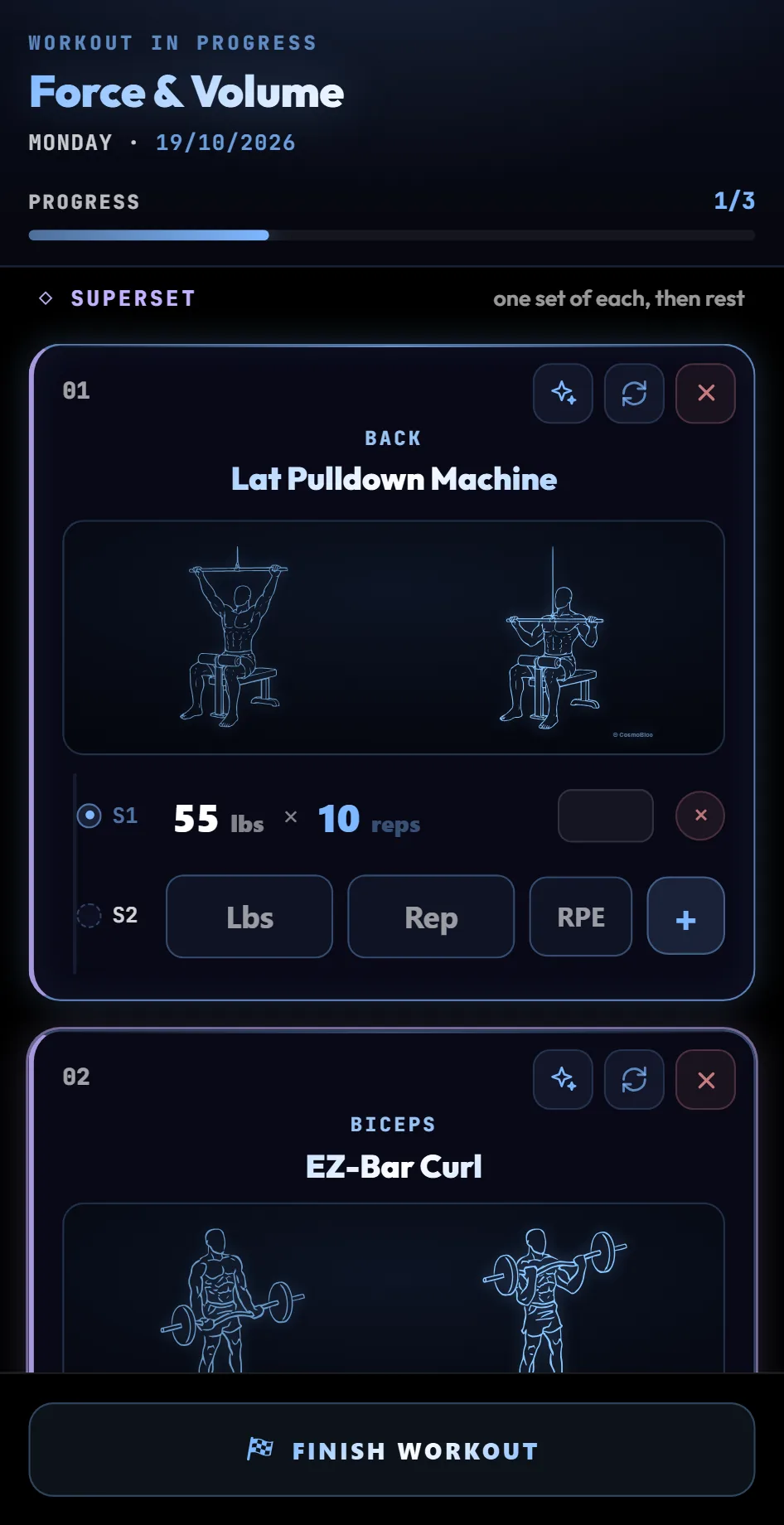 Workout in progress with a superset: lat pulldown and curl, linked